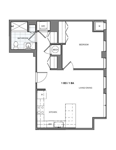 Floor plan for 1 bed, 1 bath, 825 sqft